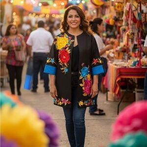 Floral Embroidered Black Open Front Reversible Kimono